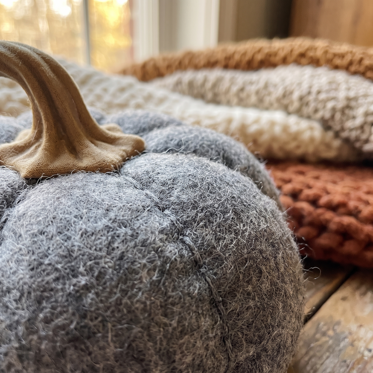 Set Of 3, 8.3x8.3x5.5 Gray Pumpkin, Pumpkin Ornament Decor close up detail