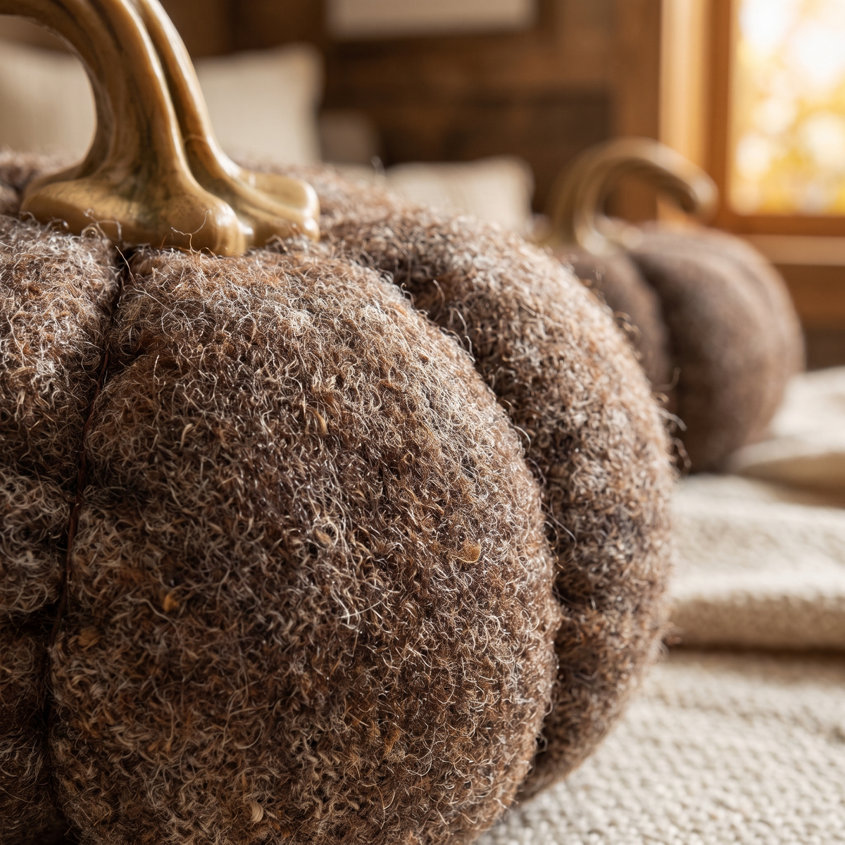 Set Of 3, 8.3x8.3x5.5 Brown Pumpkin, Pumpkin Ornament close up detail