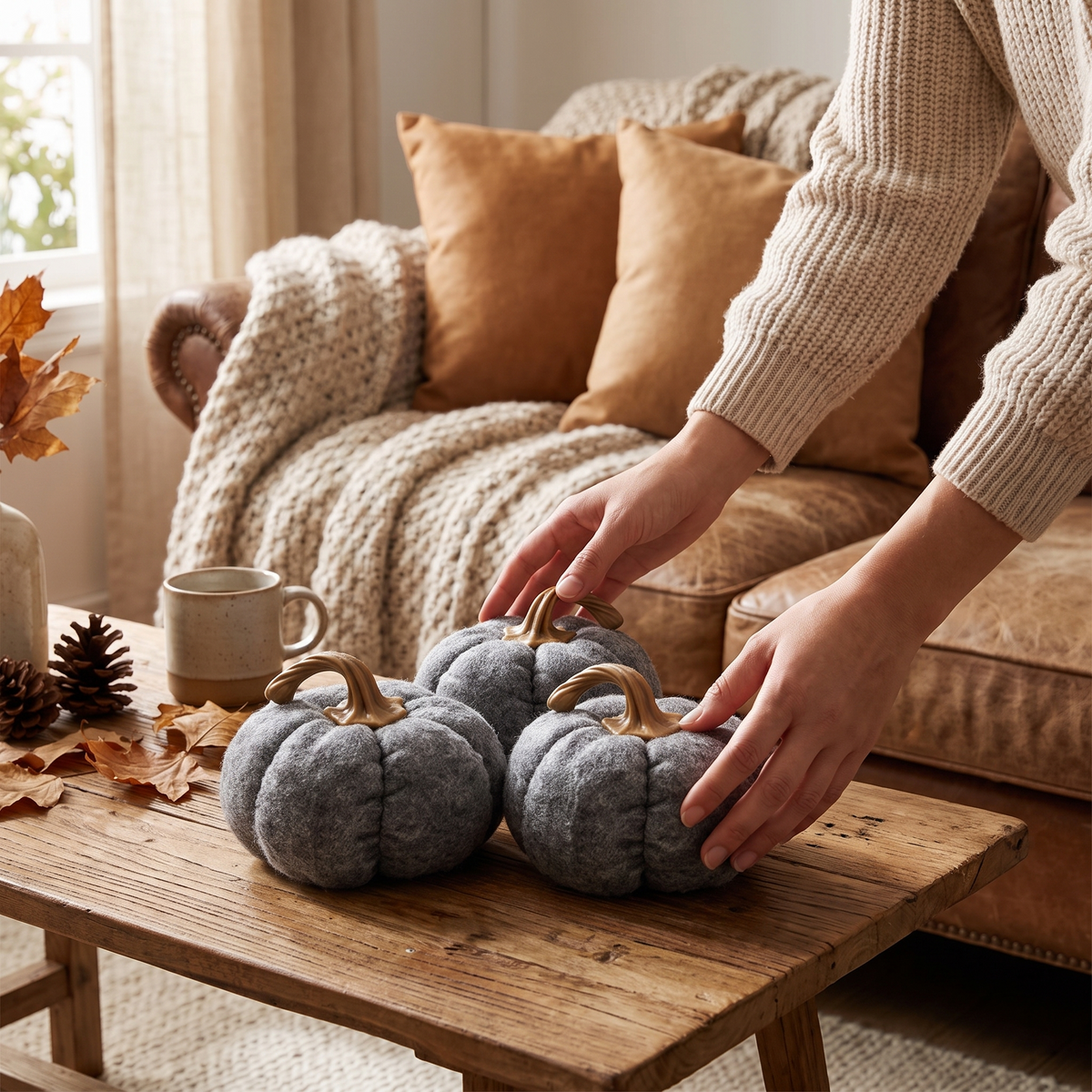 Set Of 3, 8.3x8.3x5.5 Gray Pumpkin, Pumpkin Ornament Decor in use