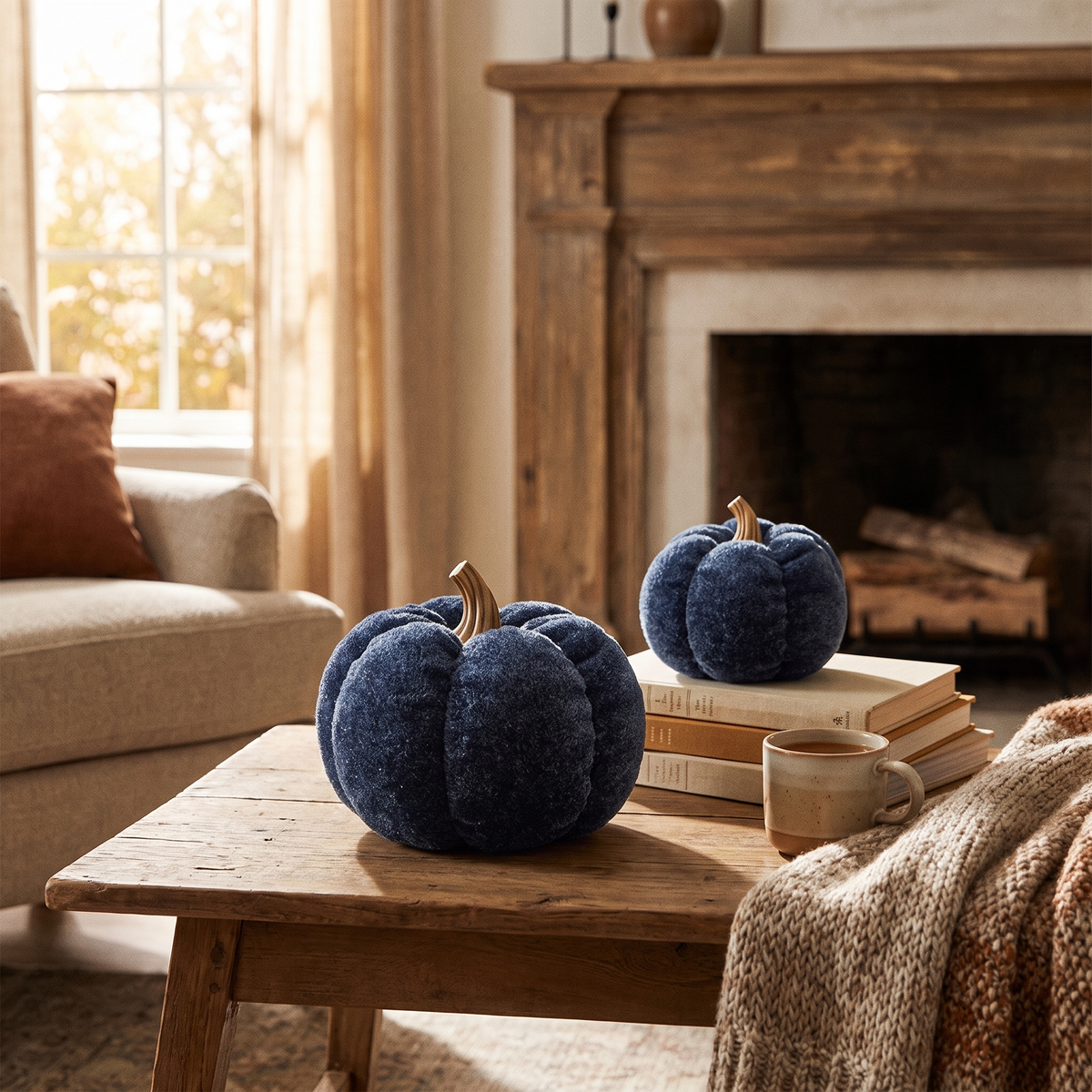 A Set Of 3 Deep Blue Pumpkin Decorations in the room