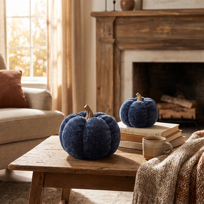 A Set Of 3 Deep Blue Pumpkin Decorations in the room