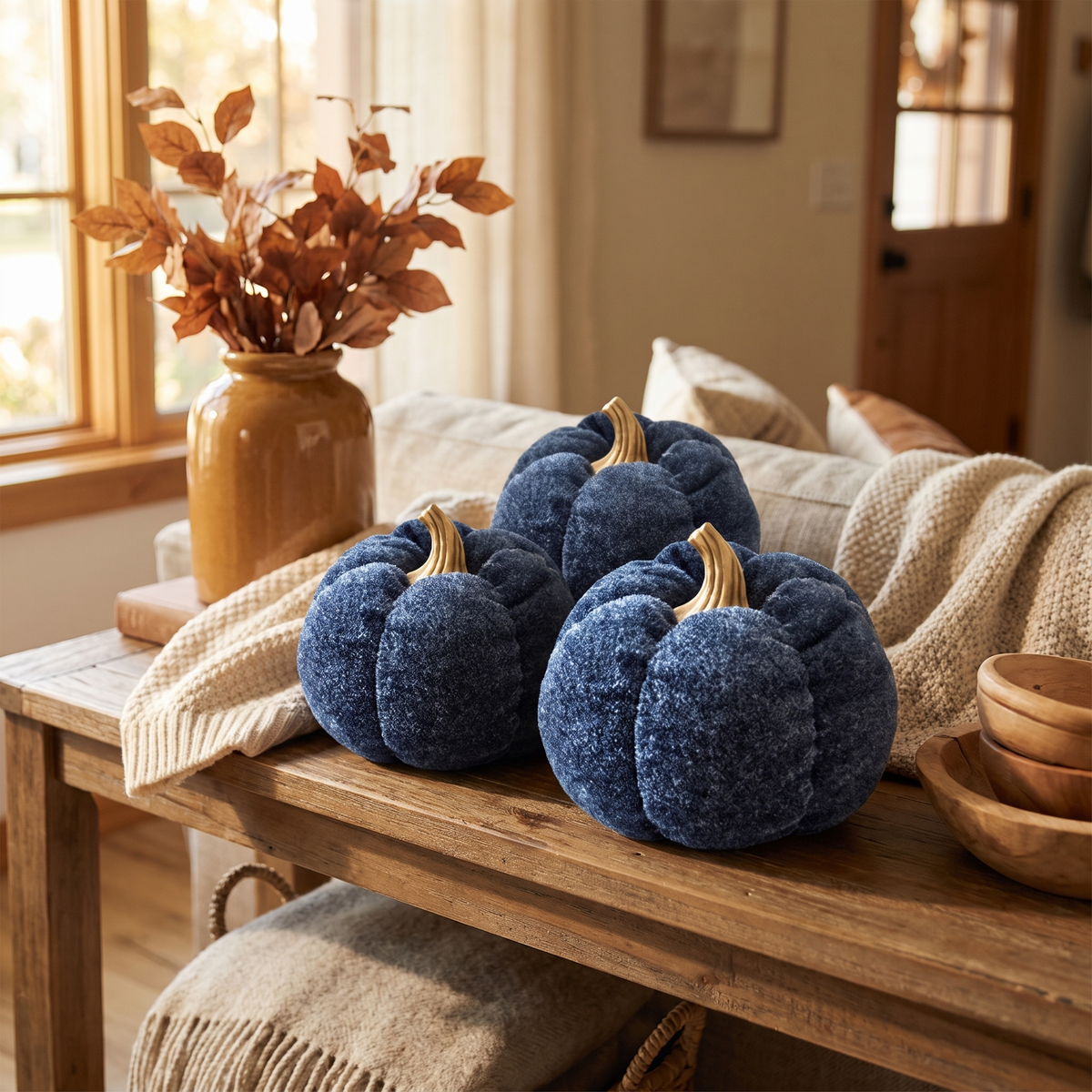 A Set Of 3 Deep Blue Pumpkin Decorations full view