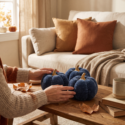 A Set Of 3 Deep Blue Pumpkin Decorations in use