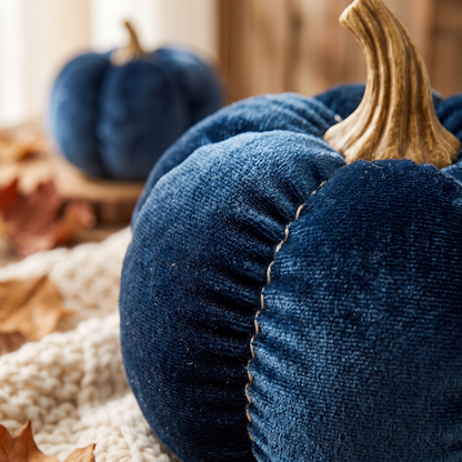 A Set Of 3 Deep Blue Pumpkin Decorations close up detail
