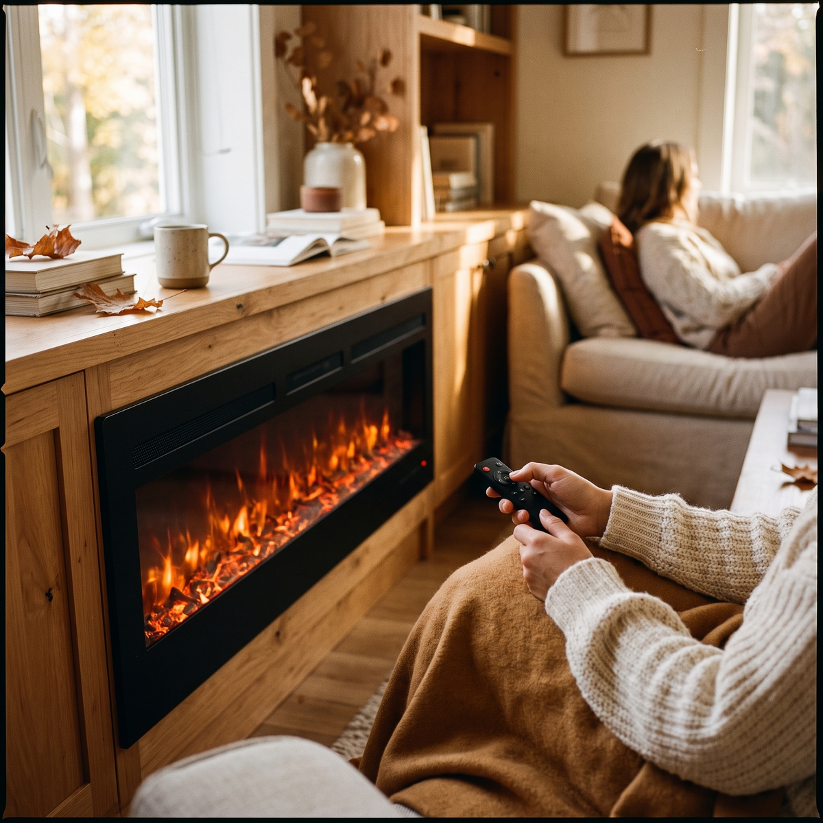 Electric Fireplace Heater With Remote Control in use