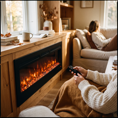 Electric Fireplace Heater With Remote Control in use