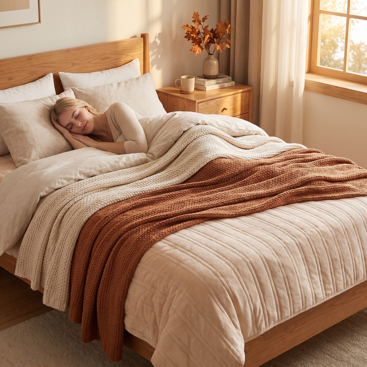 King heated mattress pad on a made bed in a cozy bedroom