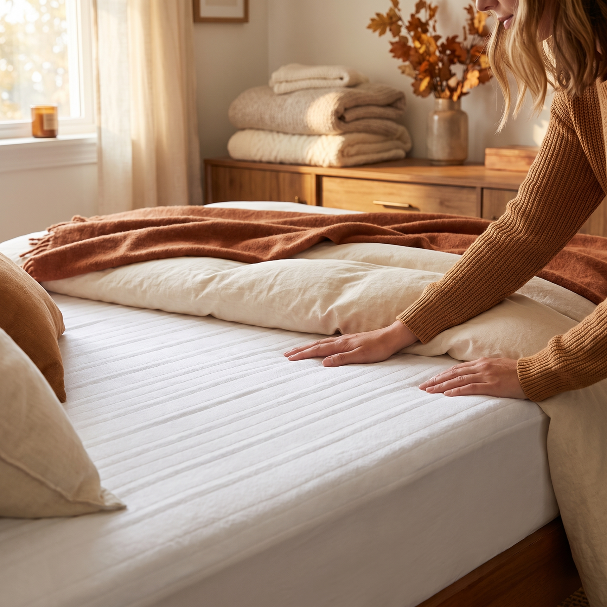 Fitting the king heated mattress pad onto the bed