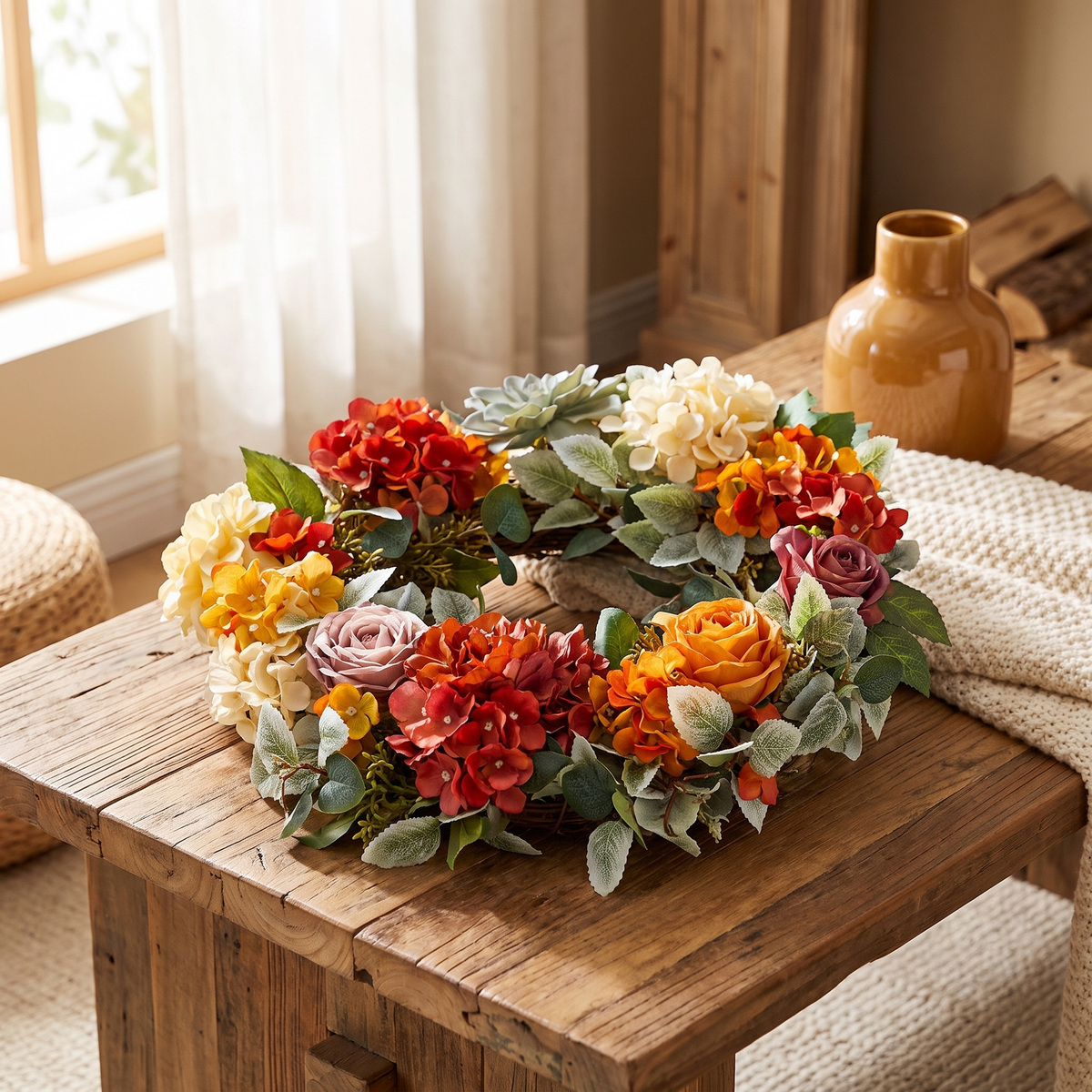 Decorative Wreath 24 In Red Orange Yellow Hydrangeas Roses full view