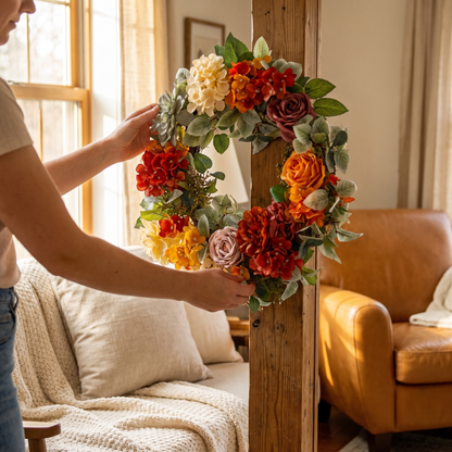 Decorative Wreath 24 In Red Orange Yellow Hydrangeas Roses in use