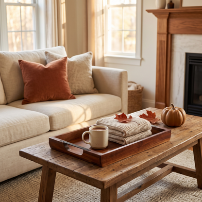 Serving Tray 17x12.2 Inch Acacia Food Serving Table Laptop in the room