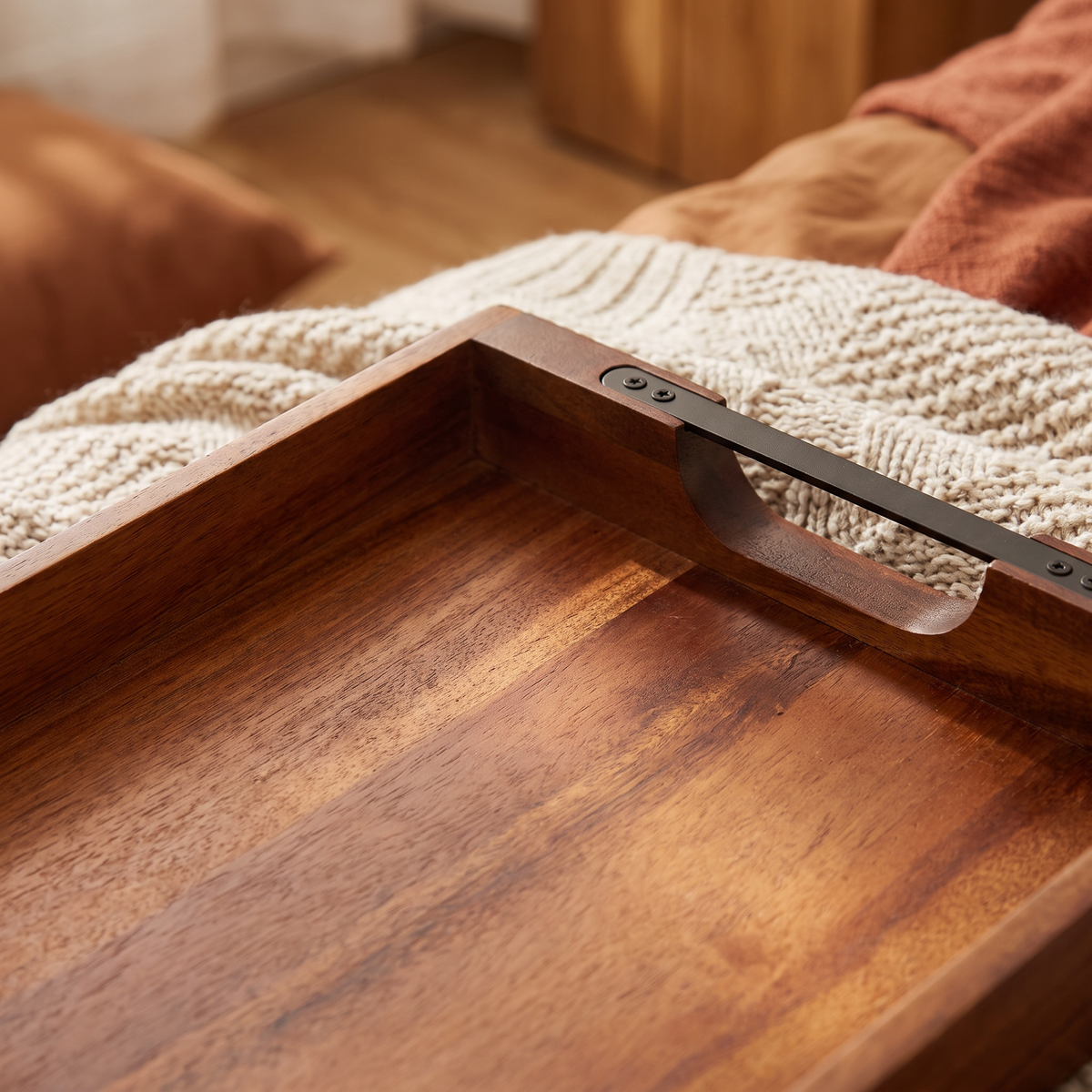 Serving Tray 17x12.2 Inch Acacia Food Serving Table Laptop close up detail