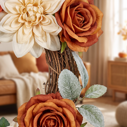 Decorative Wreath 24 In Red Orange Yellow Hydrangeas Roses close up detail