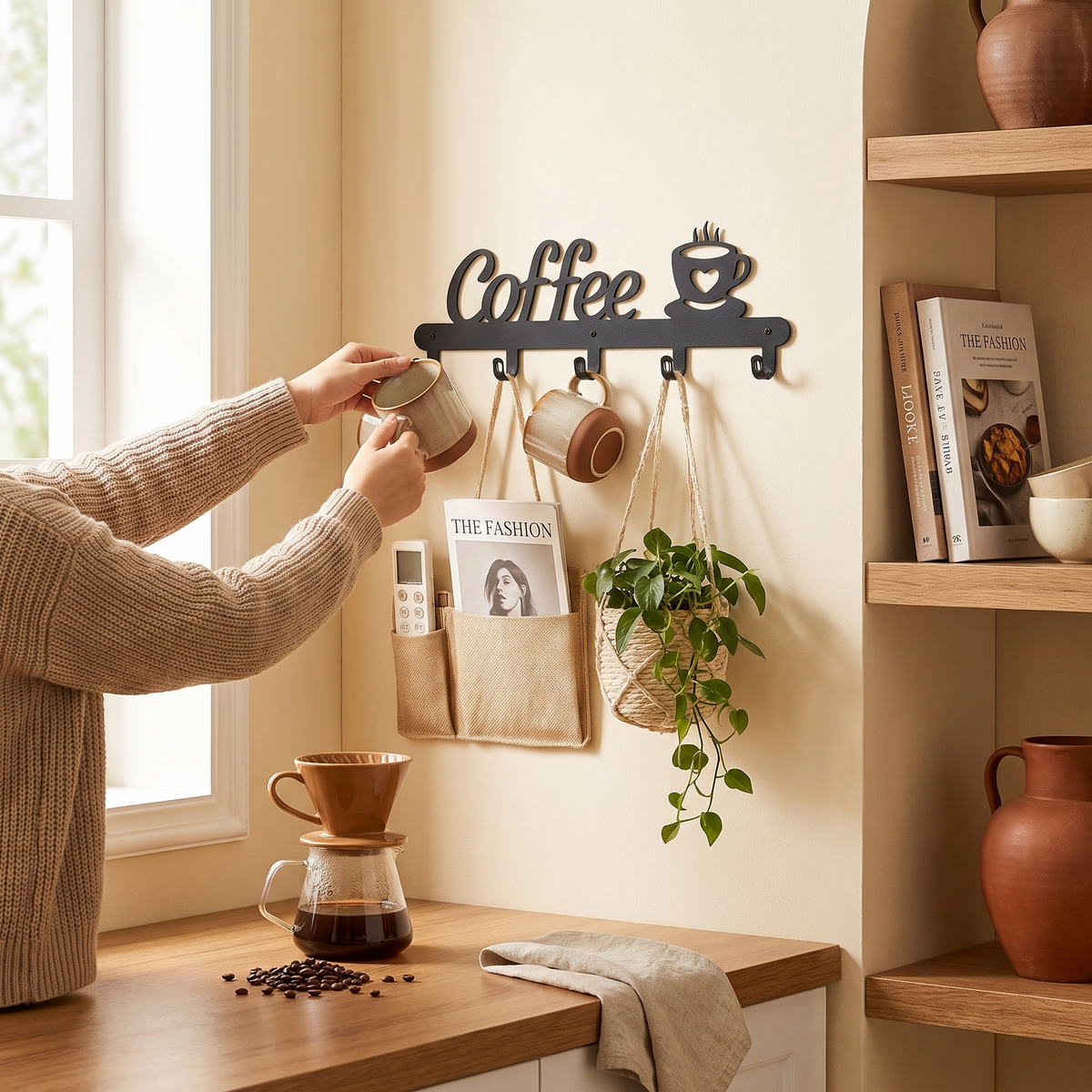 Metal Coffee Mug Holder Rack Wall-Mounted With Hooks For in use