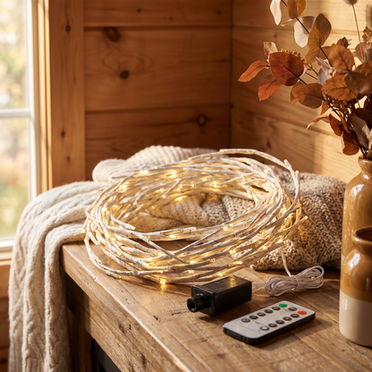 Lighted birch twig garland coiled into a wreath shape