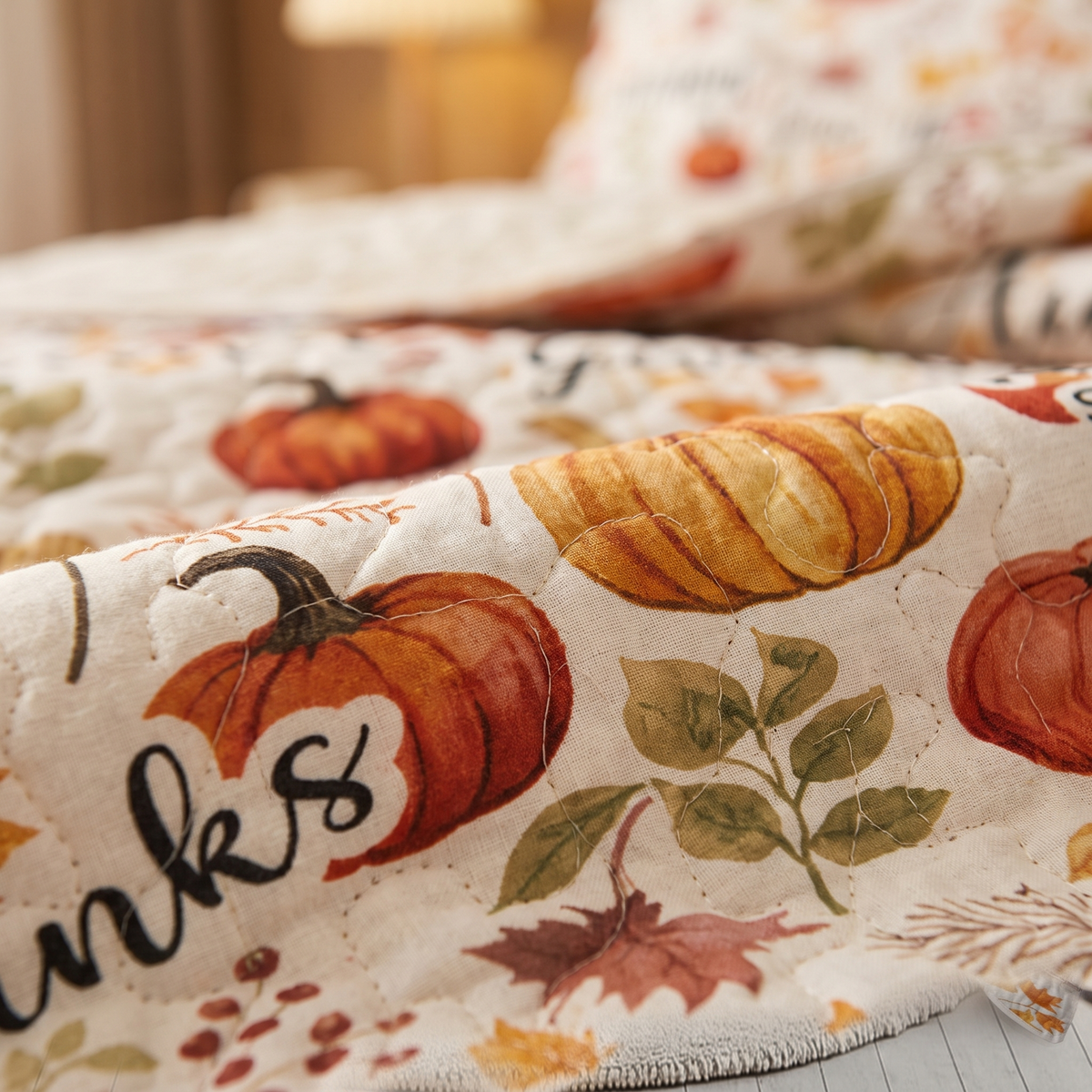 Pumpkin Autumn Leaves Print Quilt Set -1 Quilt close up detail