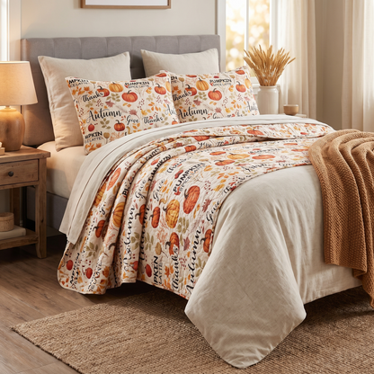 Pumpkin Autumn Leaves Print Quilt Set -1 Quilt full view