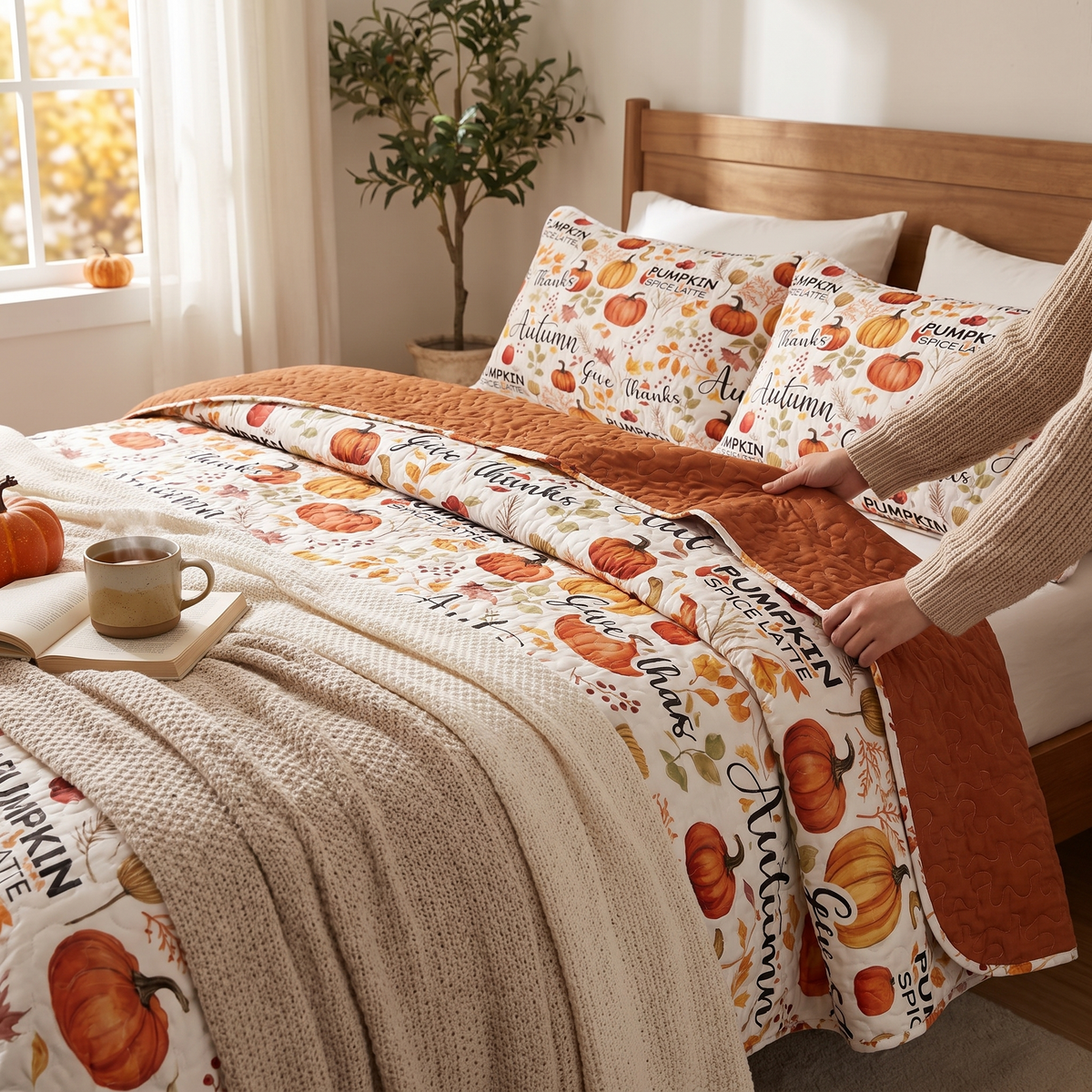 Pumpkin Autumn Leaves Print Quilt Set -1 Quilt in use