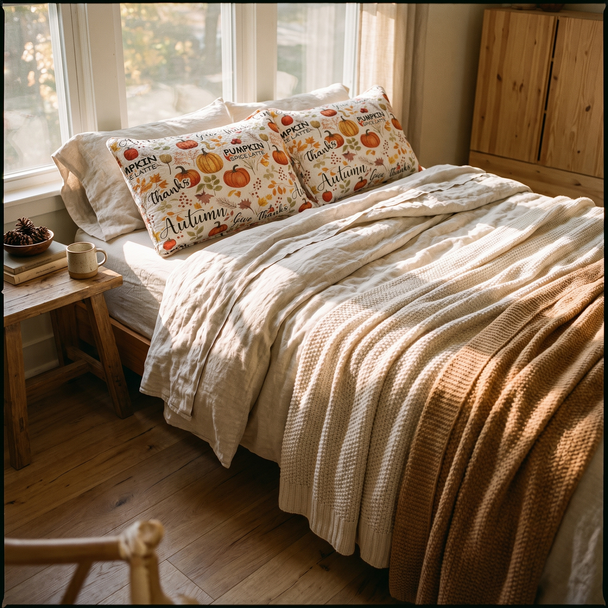 Pumpkin Autumn Leaves Print Quilt Set -1 Quilt in the room