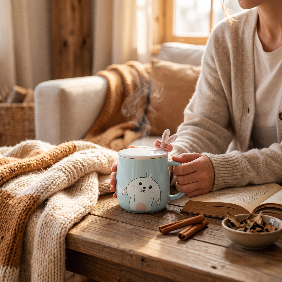 Rabbit Bow Ceramic Mug-Light Blue in the room