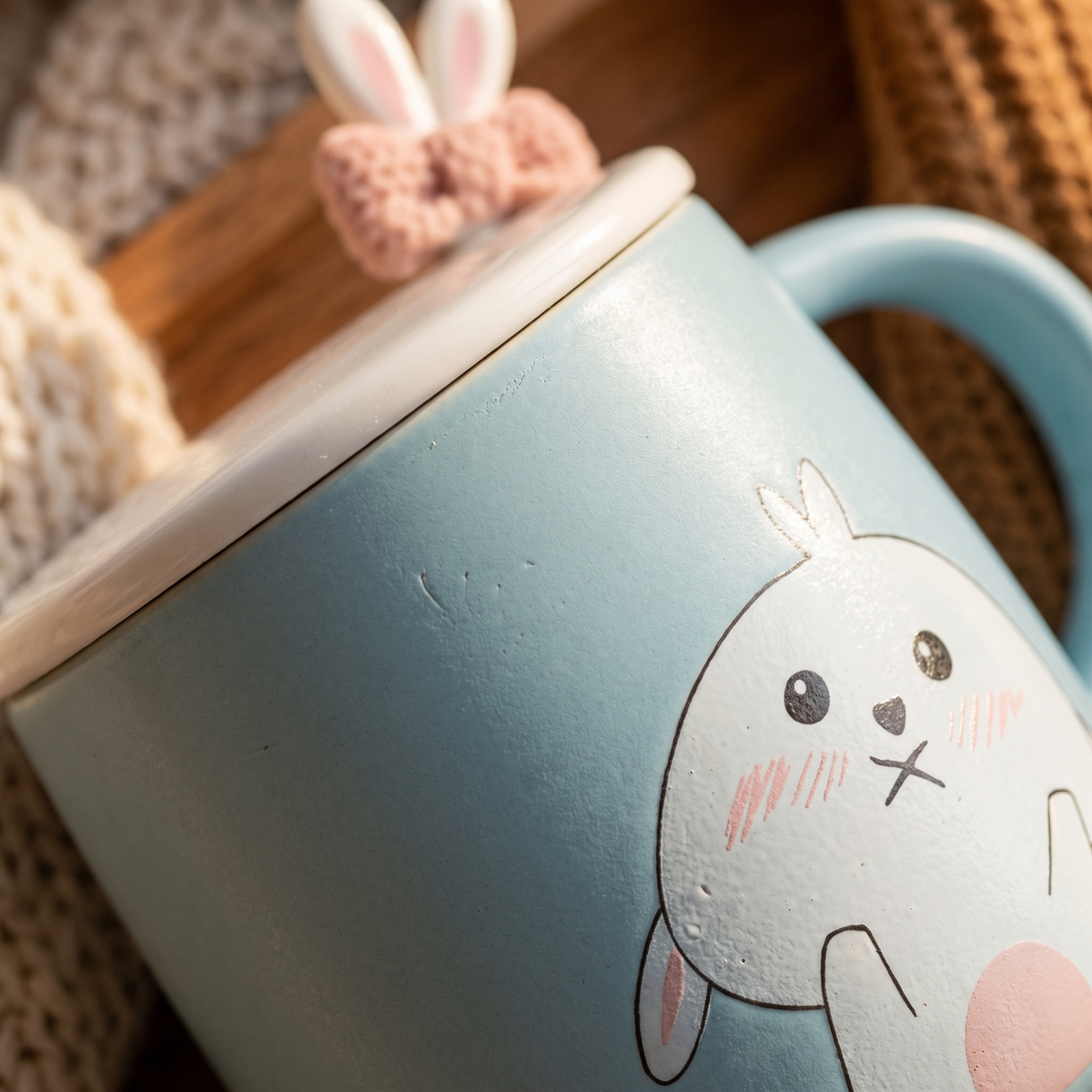 Rabbit Bow Ceramic Mug-Light Blue close up detail
