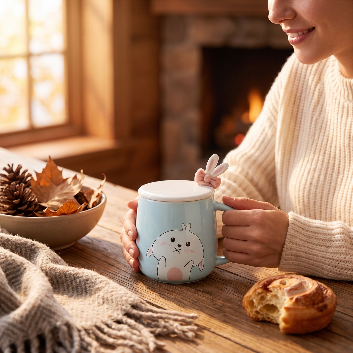 Rabbit Bow Ceramic Mug-Light Blue in use