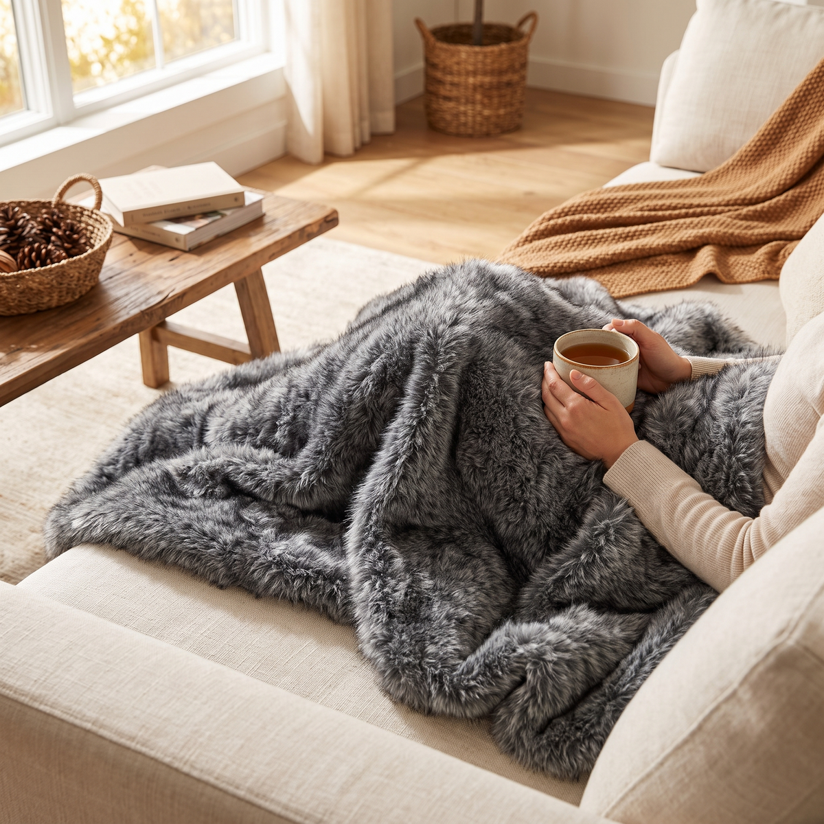Gray 740GSM Faux Wolf Fur Throw Blanket 60 X80 in use