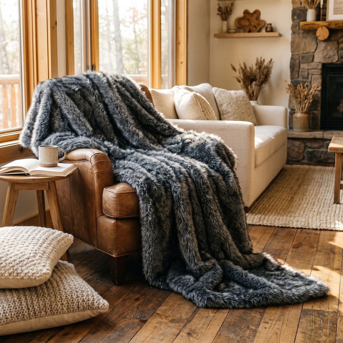 Gray 740GSM Faux Wolf Fur Throw Blanket 60 X80 in the room