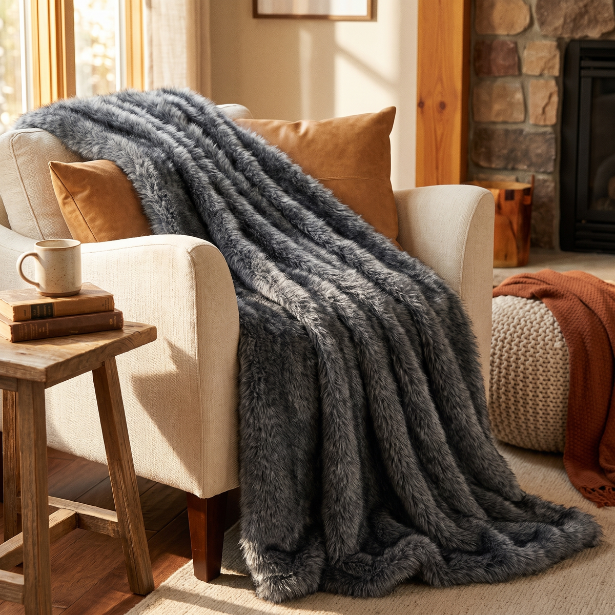 Gray 740GSM Faux Wolf Fur Throw Blanket 60 X80 full view