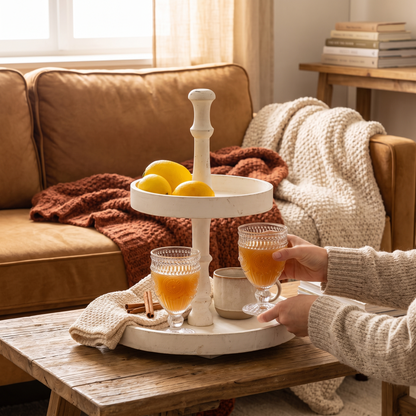 D11.8x15.4 Two- Tiered Round Wooden Tray White in use