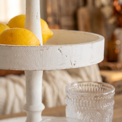 D11.8x15.4 Two- Tiered Round Wooden Tray White close up detail