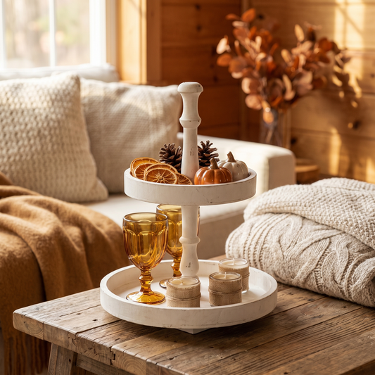 D11.8x15.4 Two- Tiered Round Wooden Tray White full view