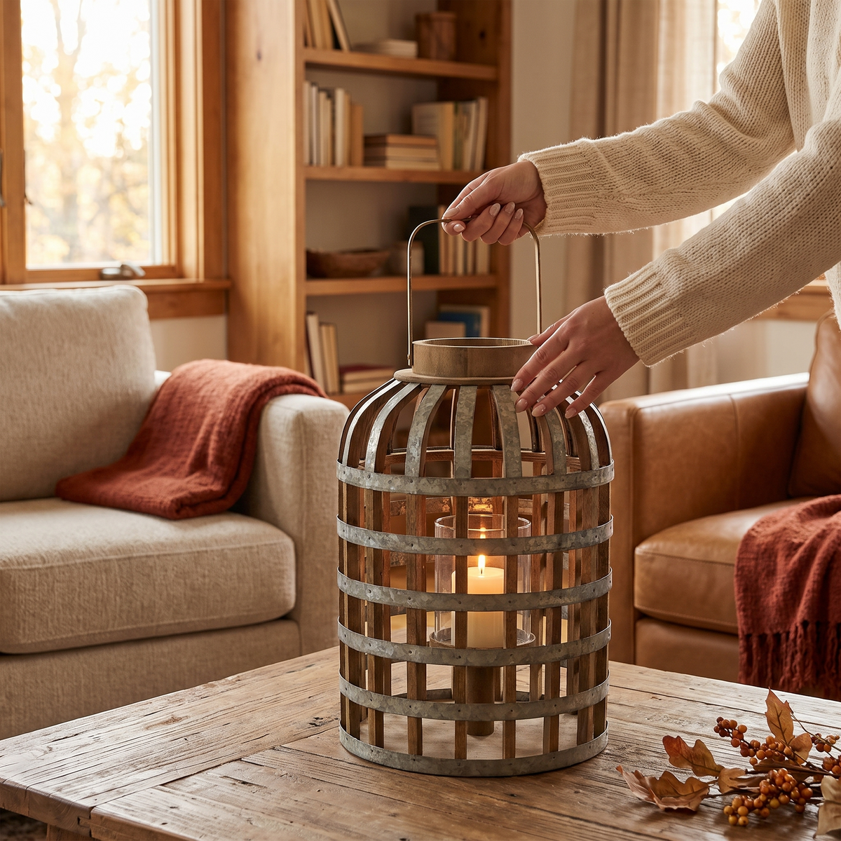Setting the candle lantern down by its handle on a rustic coffee table