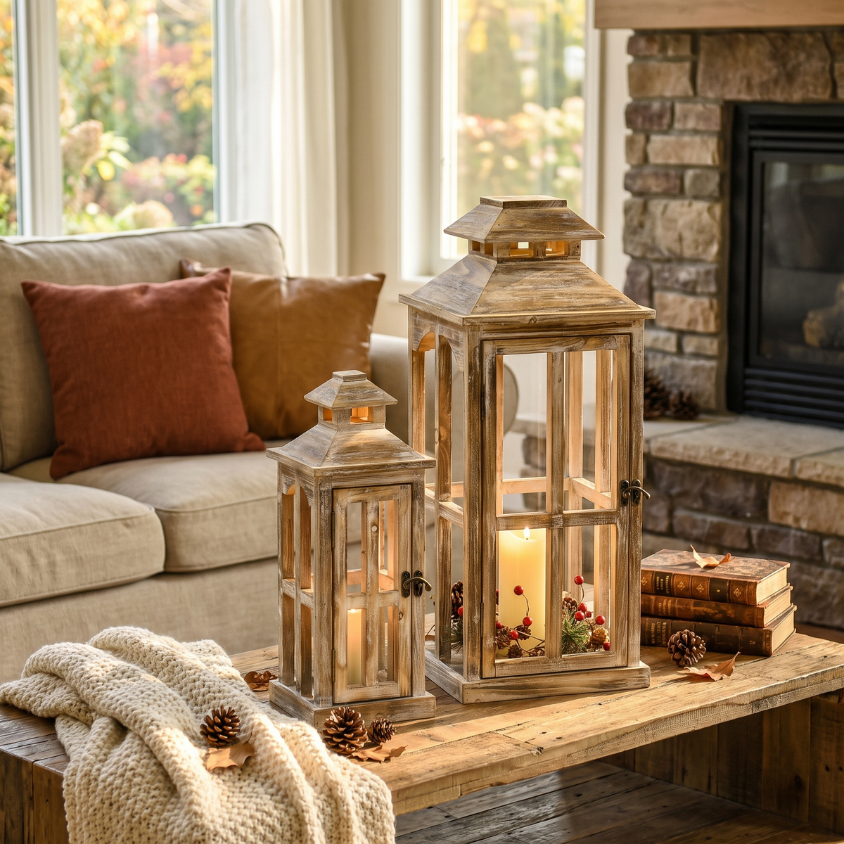 28"/20" Large Rustic Wooden Lantern Decorative in the room