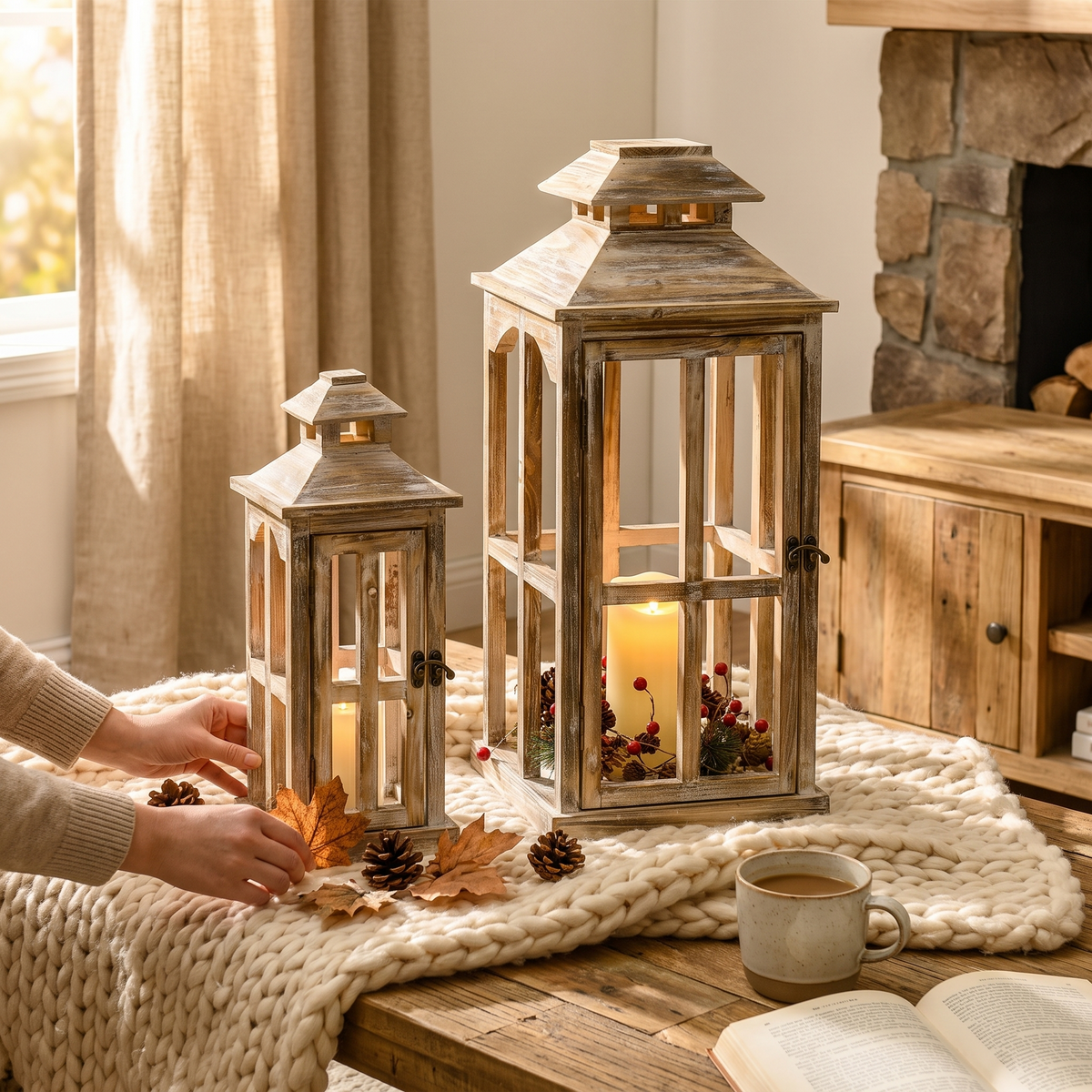 28"/20" Large Rustic Wooden Lantern Decorative in use
