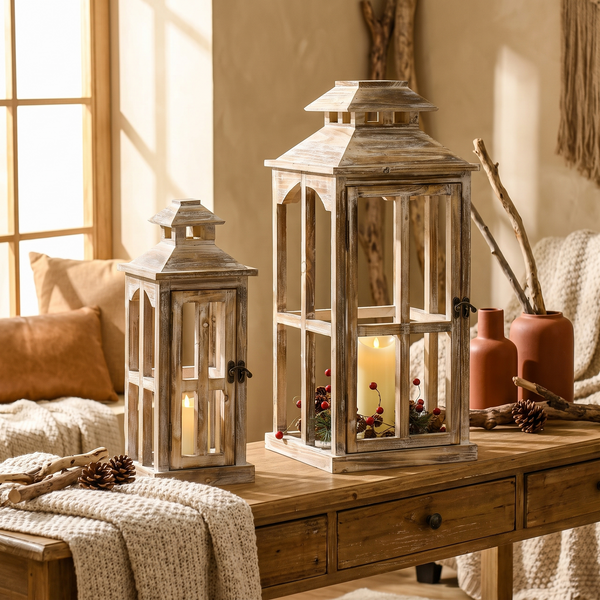 28"/20" Large Rustic Wooden Lantern Decorative full view