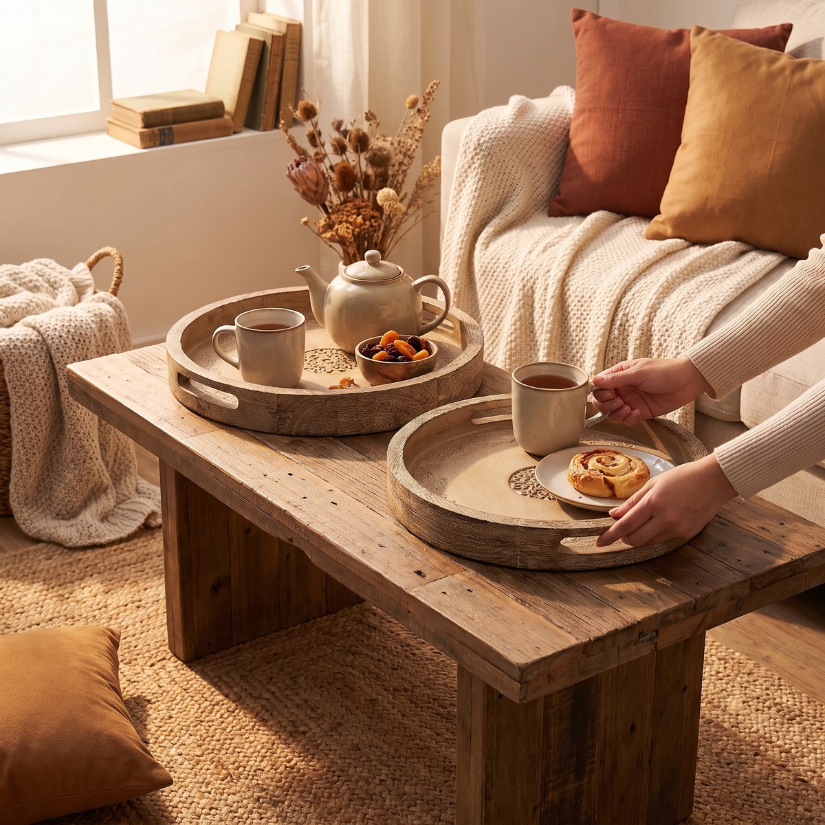 Round Mango Wood Serving Tray in use