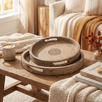 Round Mango Wood Serving Tray full view