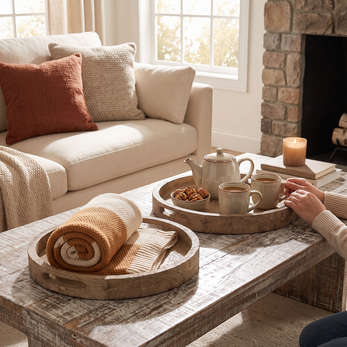 Round Mango Wood Serving Tray in the room