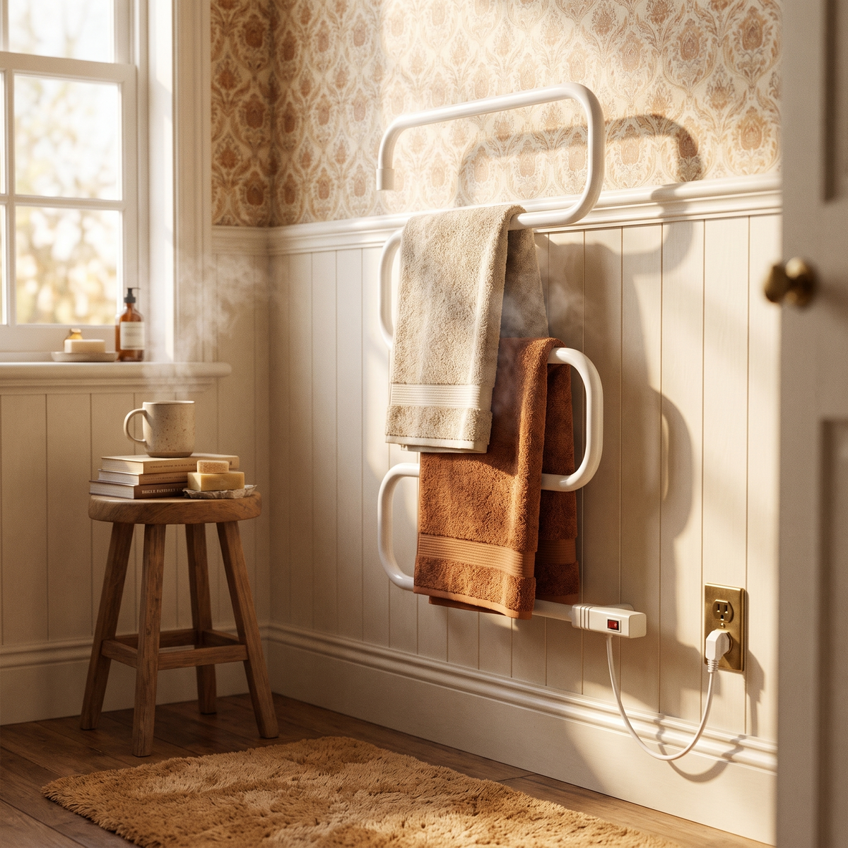 100W Electric Towel Warmer Drying Rack in the room