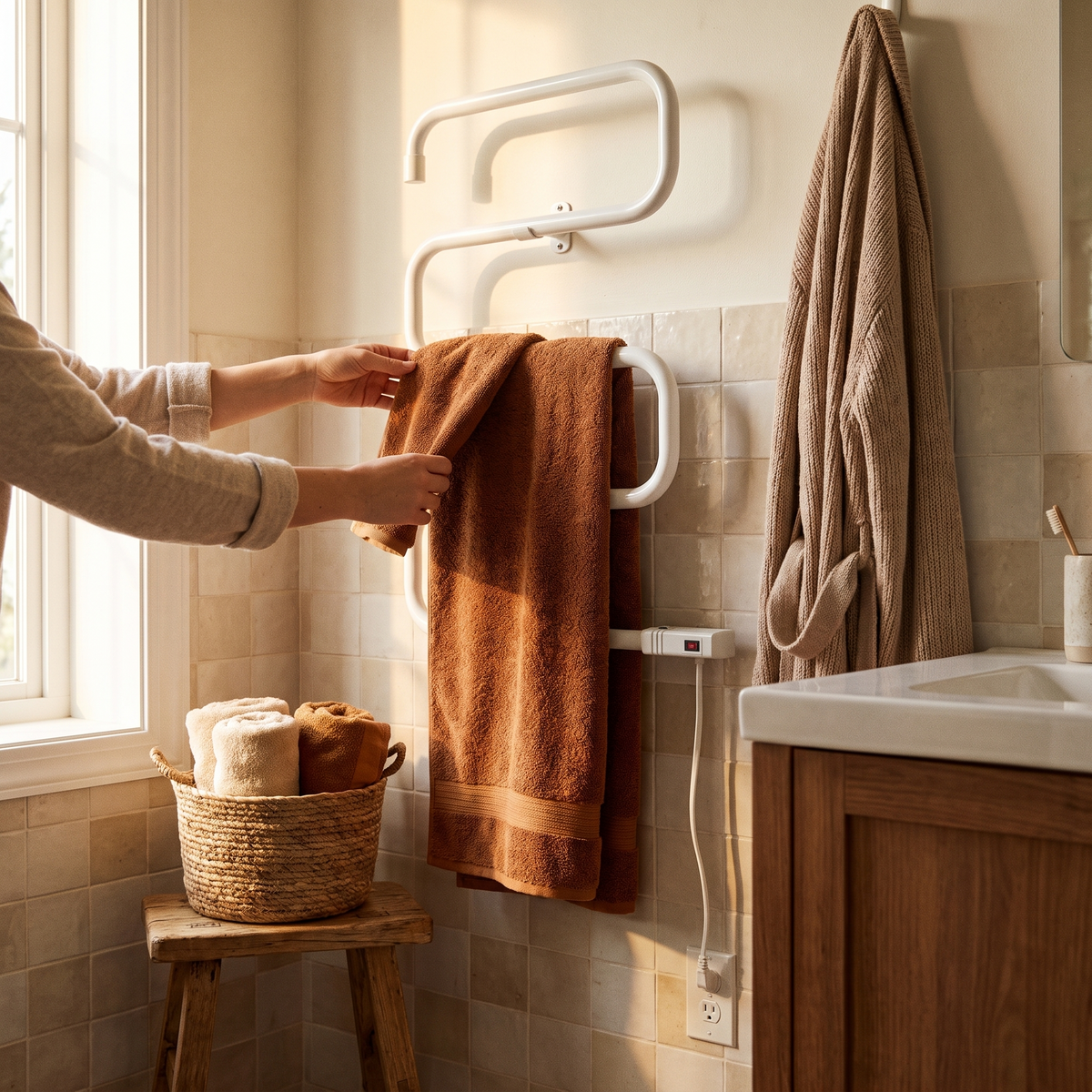 100W Electric Towel Warmer Drying Rack in use