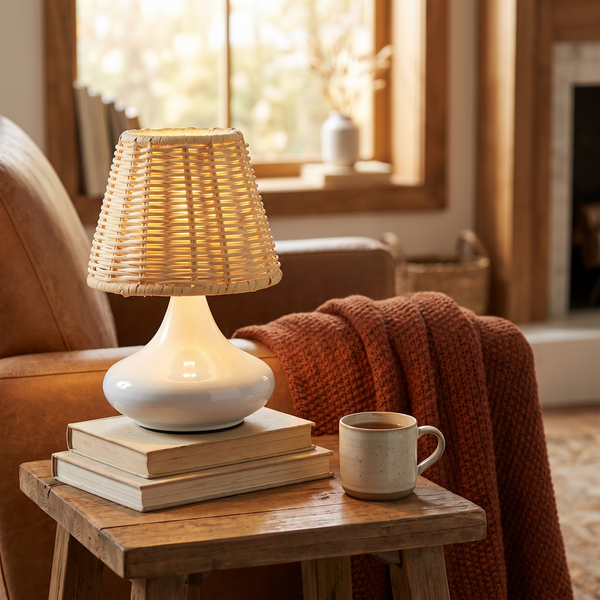 White Woven Bamboo Table Lamp Dimmable Desk Lamp Night in the room