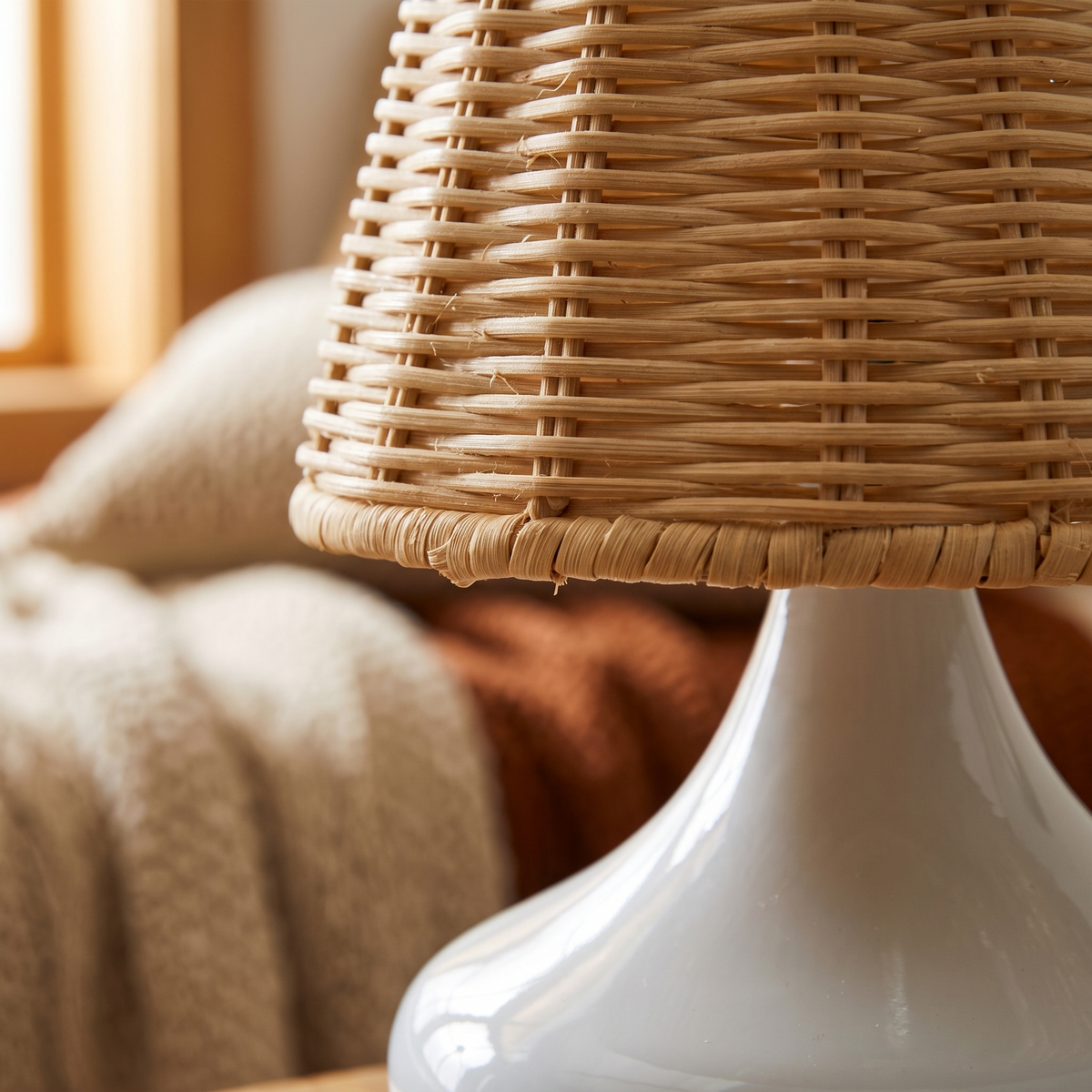 White Woven Bamboo Table Lamp Dimmable Desk Lamp Night close up detail