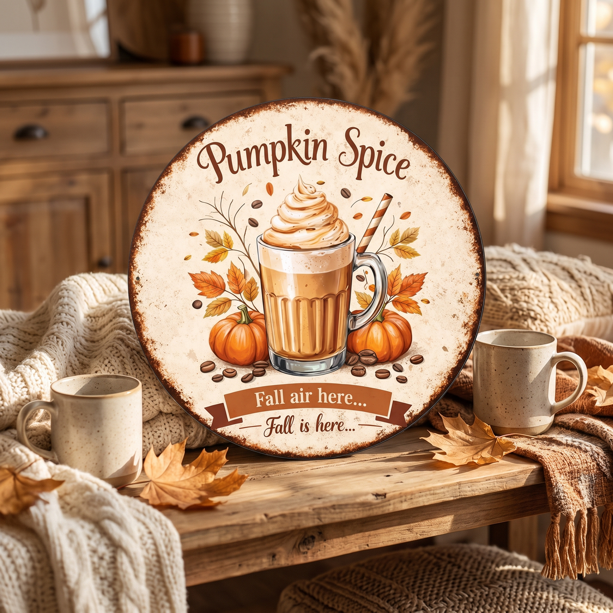 Vintage Pumpkin Spice Latte Round Sign Retro Autumn Wall full view