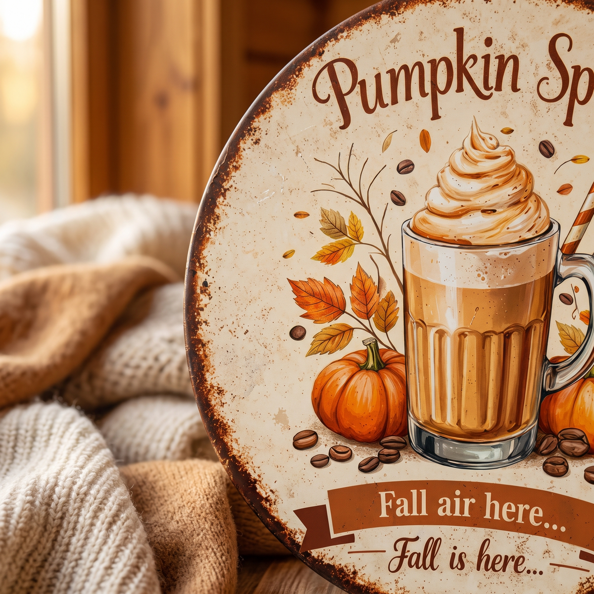 Vintage Pumpkin Spice Latte Round Sign Retro Autumn Wall close up detail