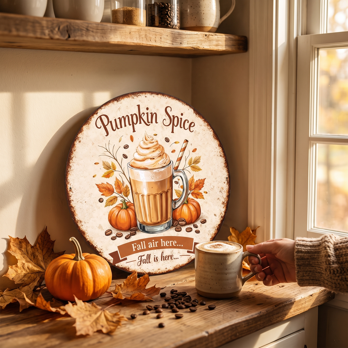 Vintage Pumpkin Spice Latte Round Sign Retro Autumn Wall in use