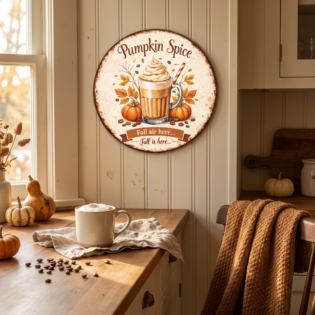 Vintage Pumpkin Spice Latte Round Sign Retro Autumn Wall in the room