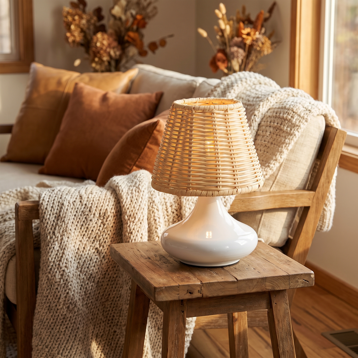 White Woven Bamboo Table Lamp Dimmable Desk Lamp Night full view