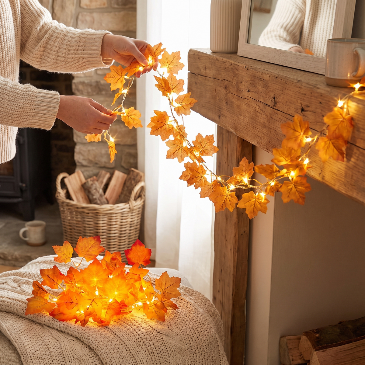 2-Pack Lighted Fall Garland 16.4ft Total in use