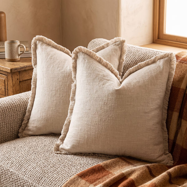 Decorative Linen Fringe Throw Pillow Cover 18x18 Inch full view